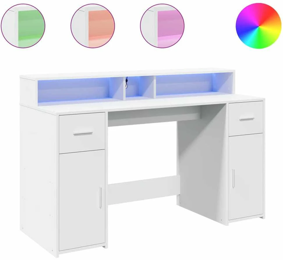 Rašomasis stalas su LED apšvietimu, baltas, 140x55x91cm