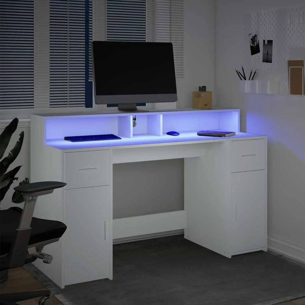 Rašomasis stalas su LED apšvietimu, baltas, 140x55x91cm