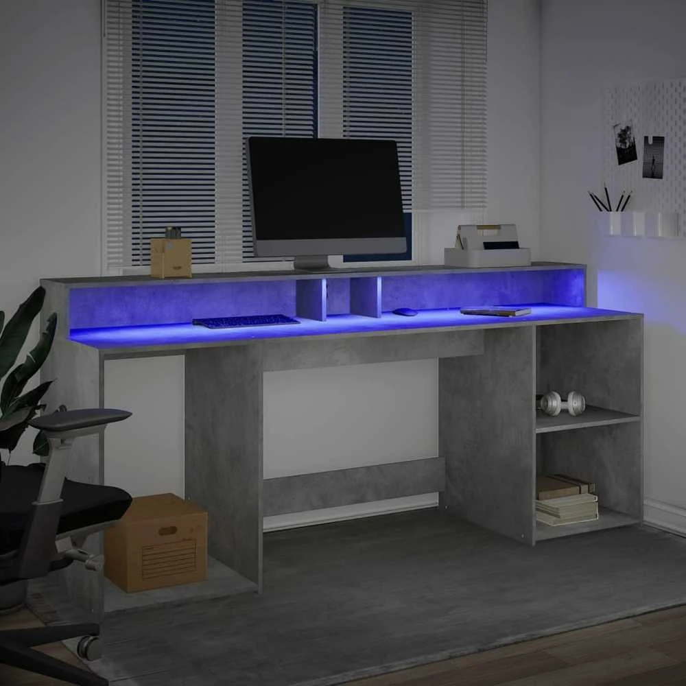 Rašomasis stalas su LED, betono pilkas, 200x55x91cm, mediena