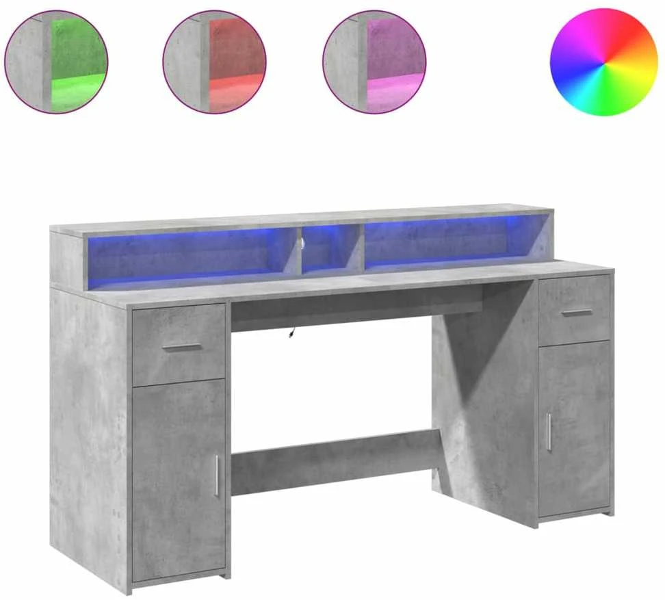 Rašomasis stalas su LED, betono pilkas, 160x55x91cm, mediena
