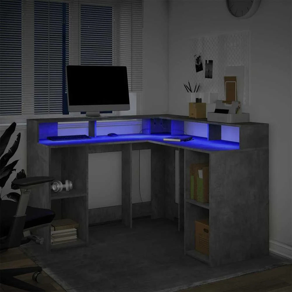 Rašomasis stalas su LED, betono pilkas, 130x130x91cm, mediena
