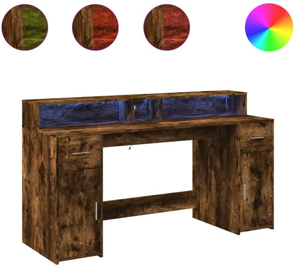 Rašomasis stalas su LED, dūminio ąžuolo, 160x55x91cm, mediena