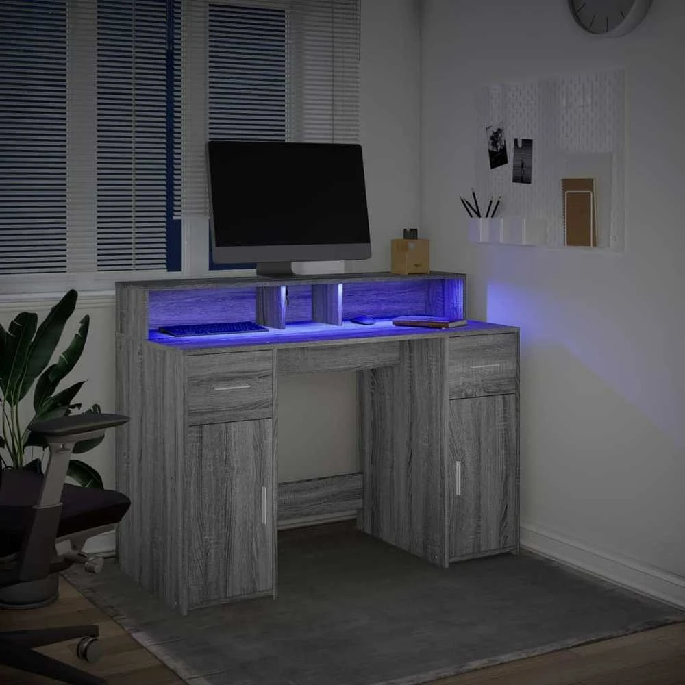 Rašomasis stalas su LED, pilkas ąžuolo, 120x55x91cm, mediena