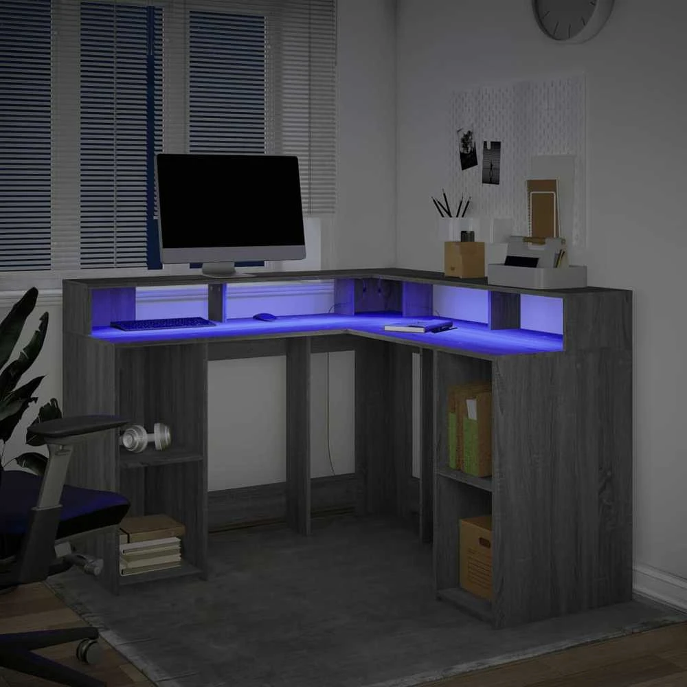 Rašomasis stalas su LED, pilkas ąžuolo, 130x130x91cm, mediena