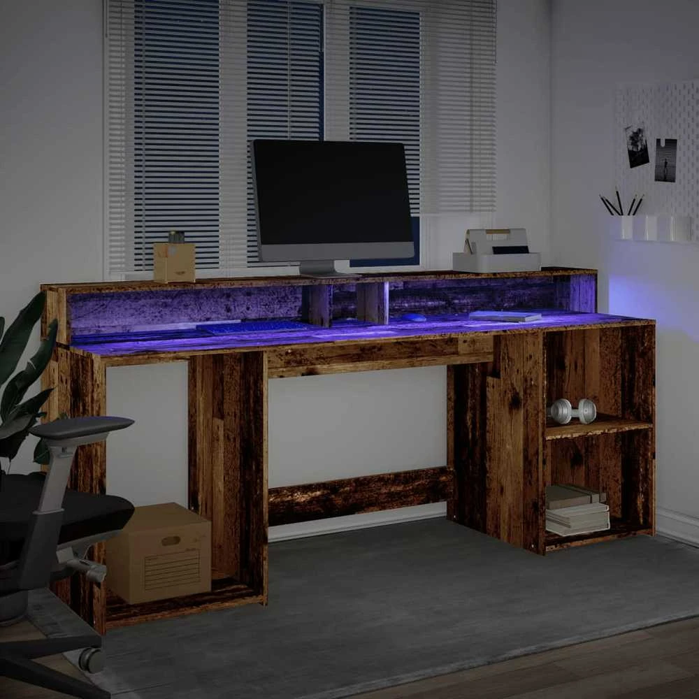 Rašomasis stalas su LED, pilkas ąžuolo, 200x55x91cm, mediena