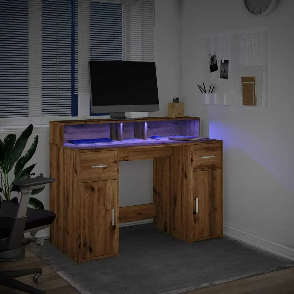 Rašomasis stalas su LED, artisano ąžuolo, 120x55x91cm, mediena