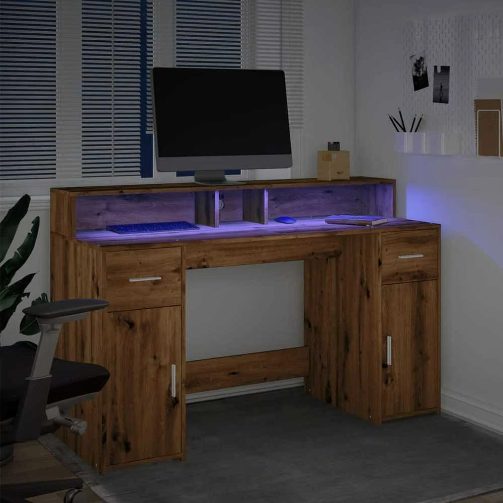 Rašomasis stalas su LED, artisano ąžuolo, 140x55x91cm, mediena