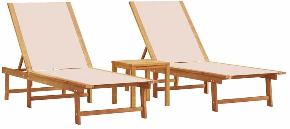 Saulės gultai su stalu, 2vnt., kreminiai, akacija/tekstilenas