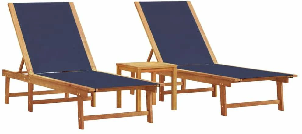 Saulės gultai su stalu, 2vnt., mėlyni, akacija ir tekstilenas