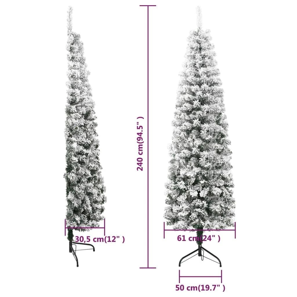 Siaura dirbtinė Kalėdų eglutė, 240cm, padengta sniegu