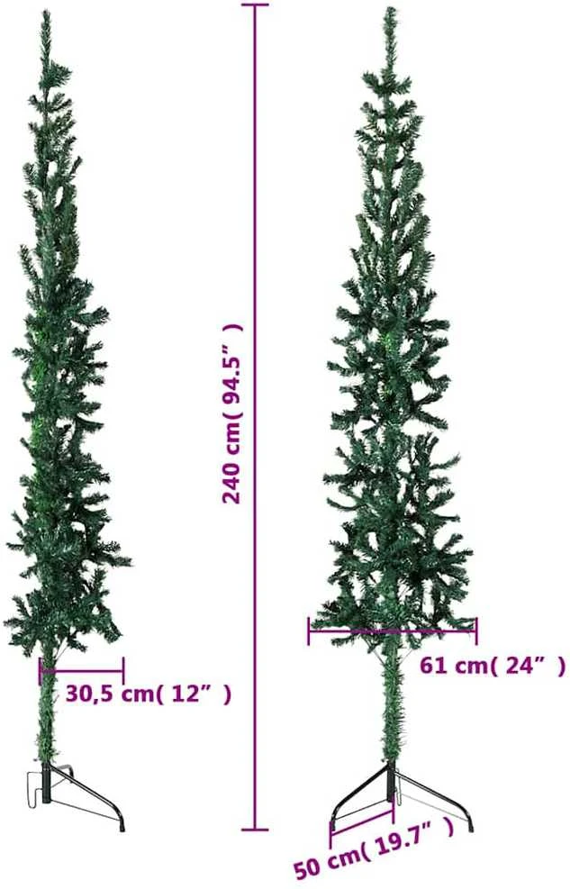 Siaura dirbtinė pusinė Kalėdų eglutė su stovu, žalia, 240cm