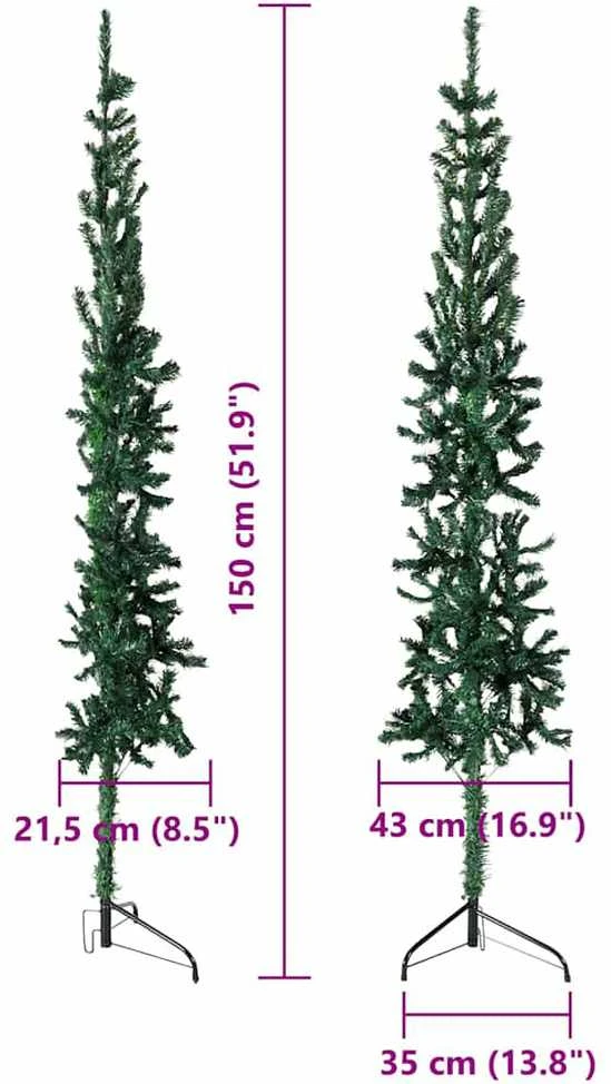 Siaura dirbtinė pusinė Kalėdų eglutė su stovu, žalia, 150cm