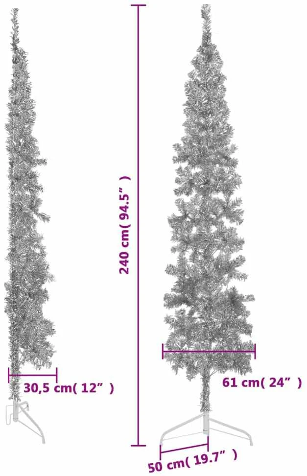 Siaura dirbtinė pusinė Kalėdų eglutė su stovu, sidabrinė, 240cm