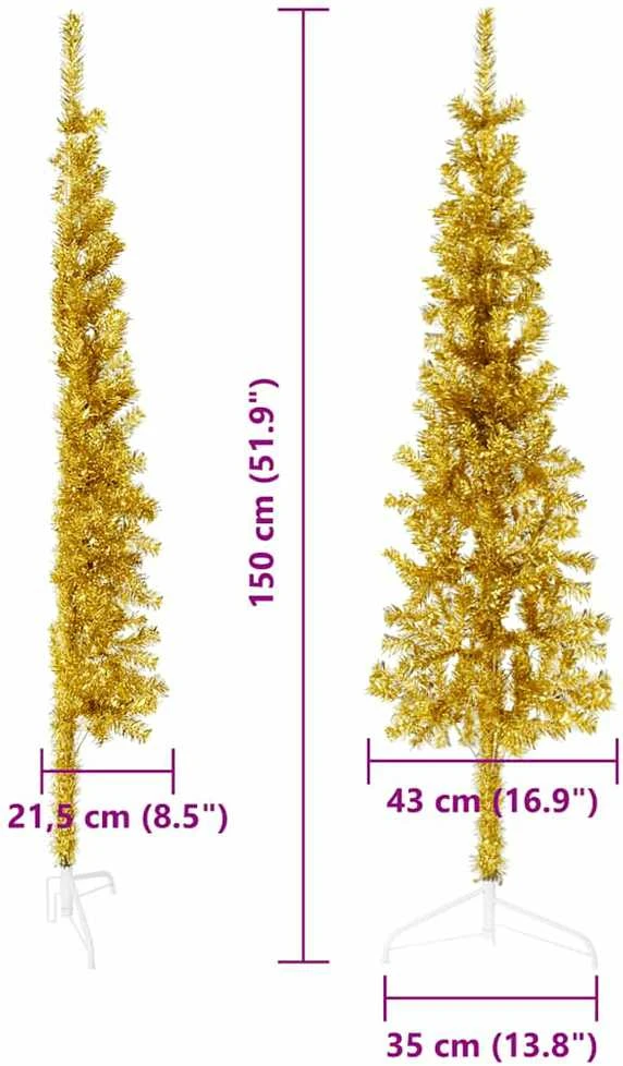 Siaura dirbtinė pusinė Kalėdų eglutė su stovu, auksinė, 150cm