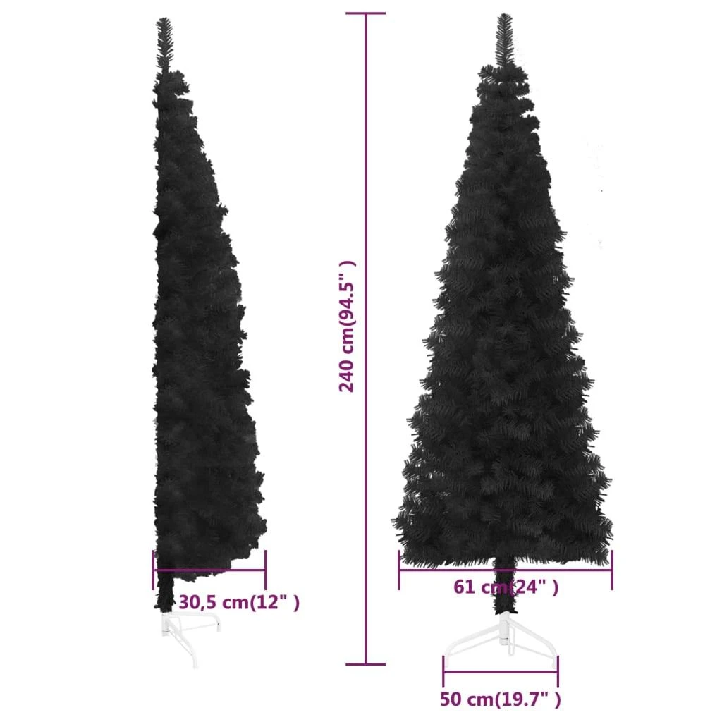 Siaura dirbtinė pusinė Kalėdų eglutė su stovu, juoda, 240cm