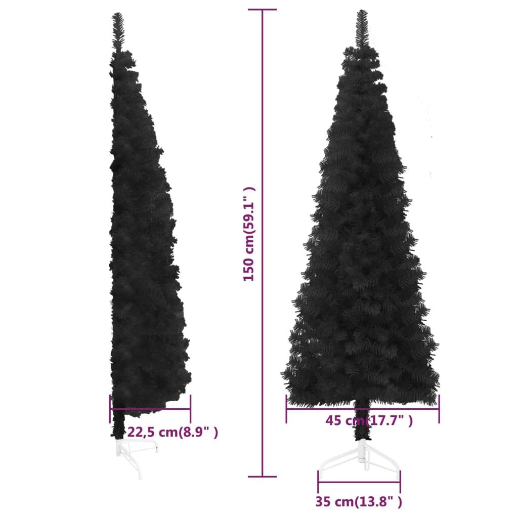 Siaura dirbtinė pusinė Kalėdų eglutė su stovu, juoda, 150cm