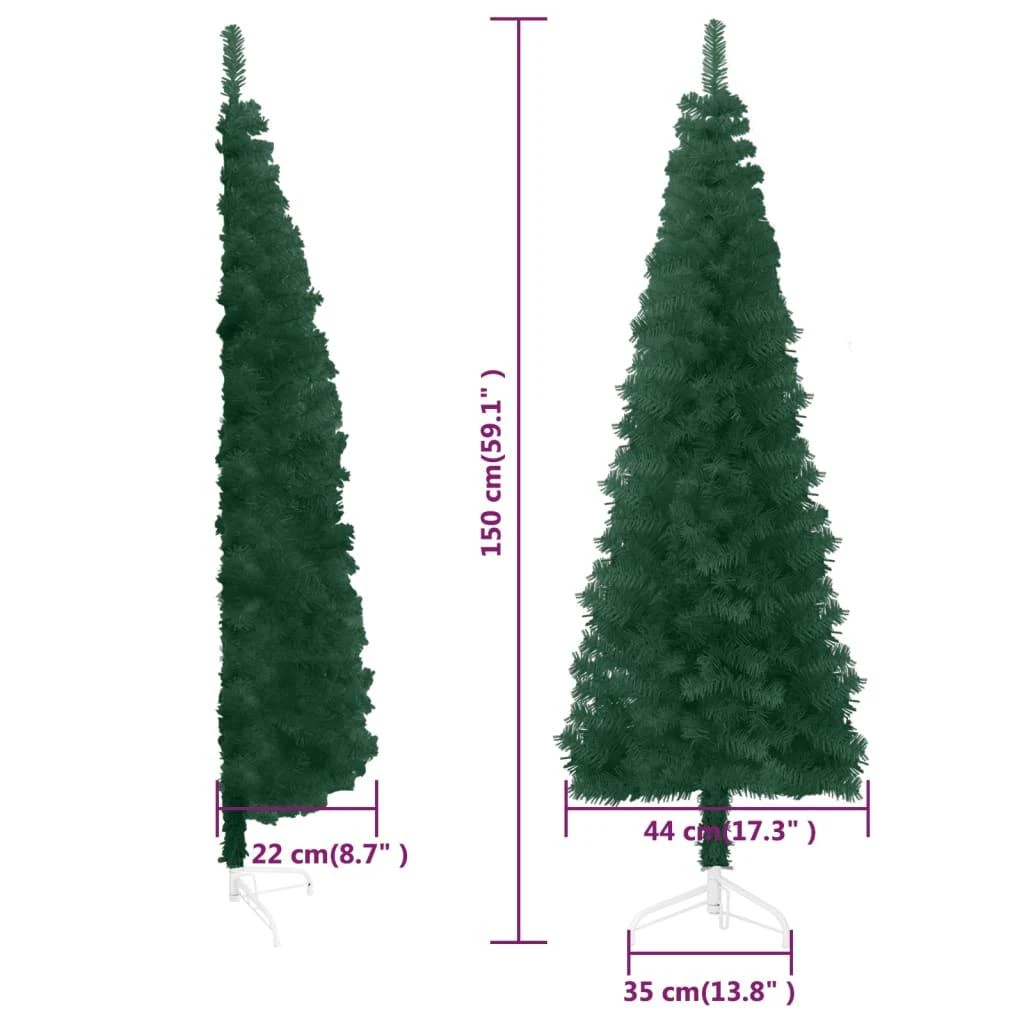 Siaura dirbtinė pusinė Kalėdų eglutė su stovu, žalia, 150cm