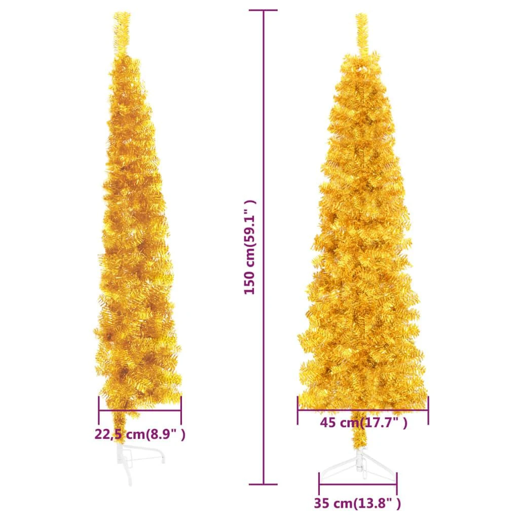 Siaura dirbtinė pusinė Kalėdų eglutė su stovu, auksinė, 150cm