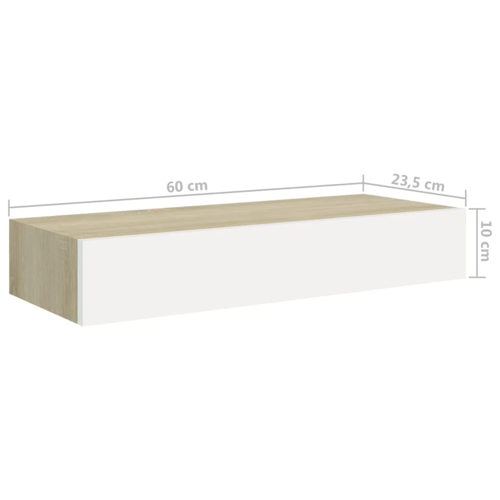 Sieninė lentyna su stalčiumi, ąžuolo/balta, 60x23,5x10cm, MDF