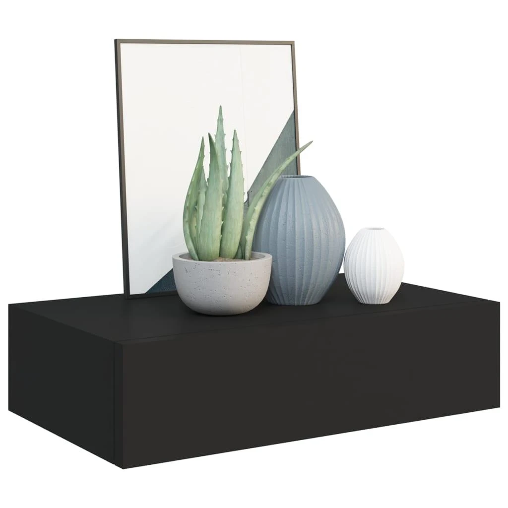 Sieninė lentyna su stalčiumi, juoda, 40x23,5x10cm, MDF