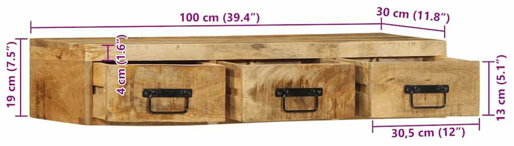 Sieninė televizoriaus spintelė, 100x30x19cm, mango mediena