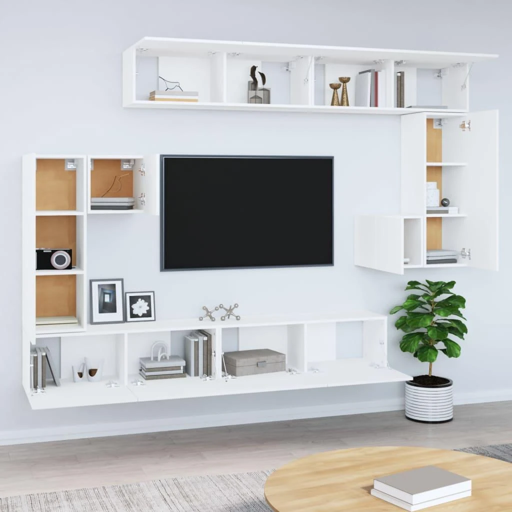 TV staliukas Sieninė televizoriaus spintelė, balta, apdirbta mediena