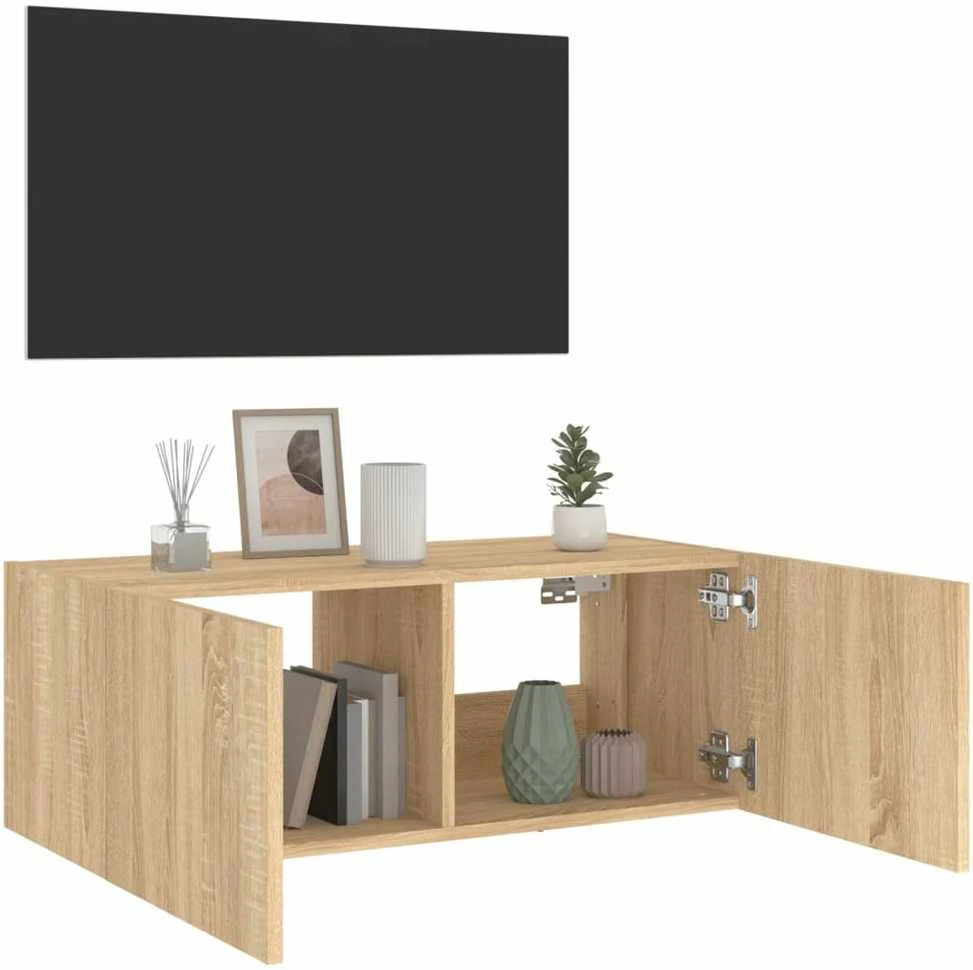 TV staliukas Sieninė TV spintelė su LED lemputėmis, ąžuolo, 80x35x31cm