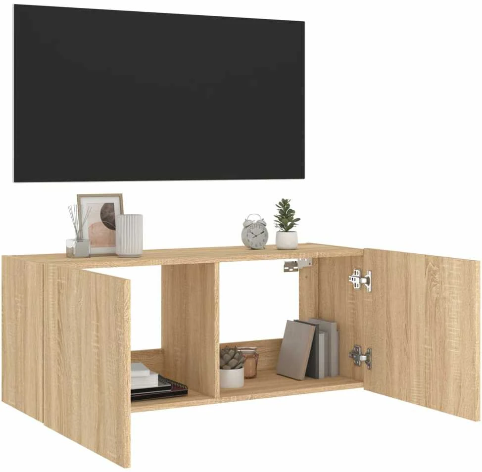 TV staliukas Sieninė TV spintelė su LED lemputėmis, ąžuolo, 100x35x41cm
