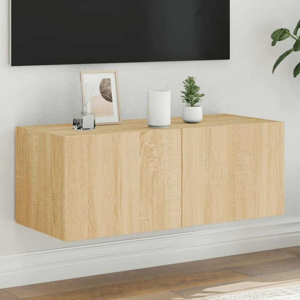 TV staliukas Sieninė TV spintelė su LED lemputėmis, ąžuolo, 80x35x31cm
