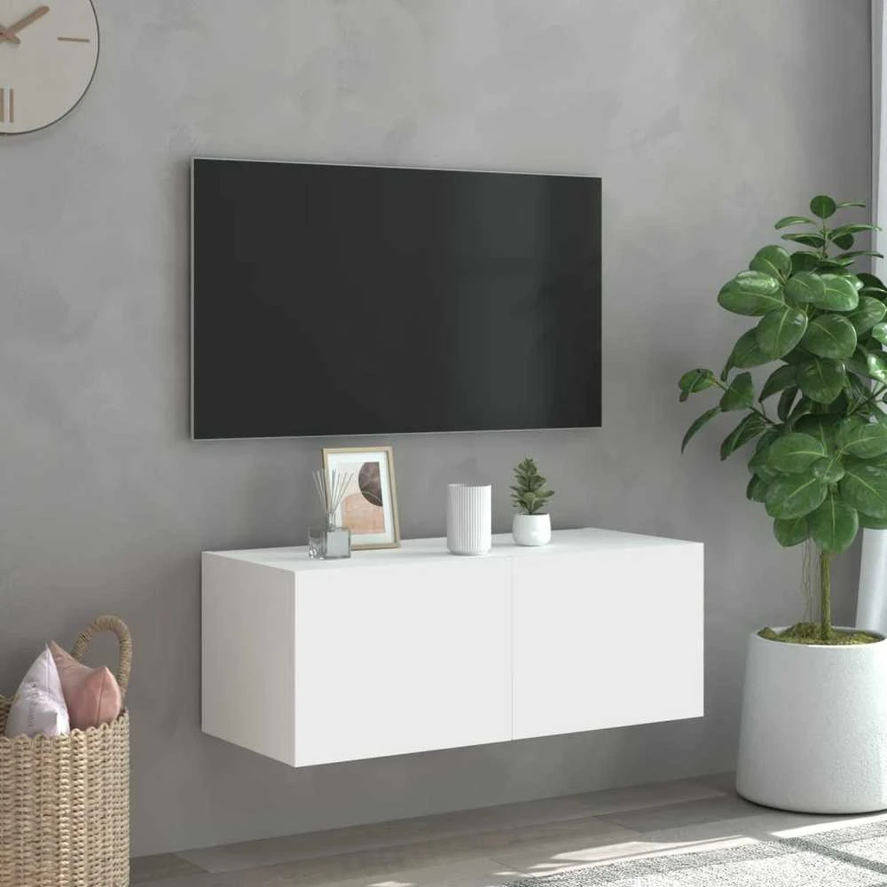 TV staliukas Sieninė TV spintelė su LED lemputėmis, balta, 80x35x31cm