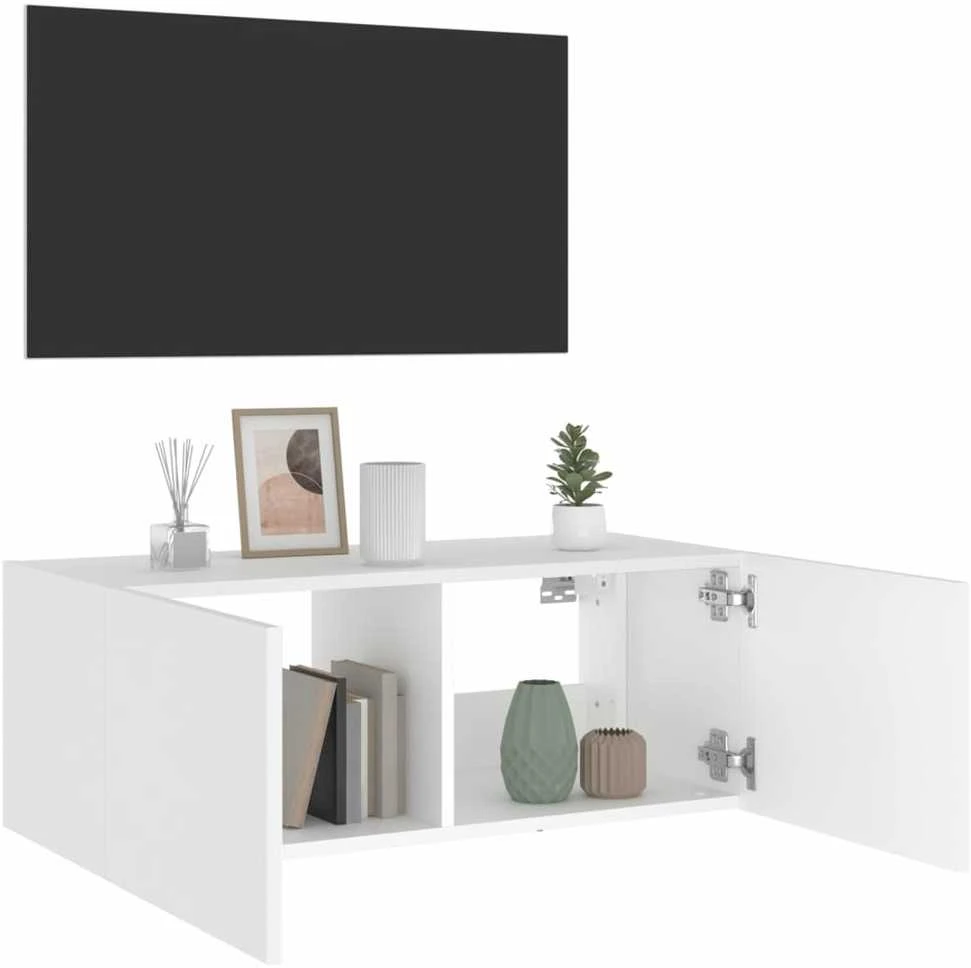 TV staliukas Sieninė TV spintelė su LED lemputėmis, balta, 80x35x31cm