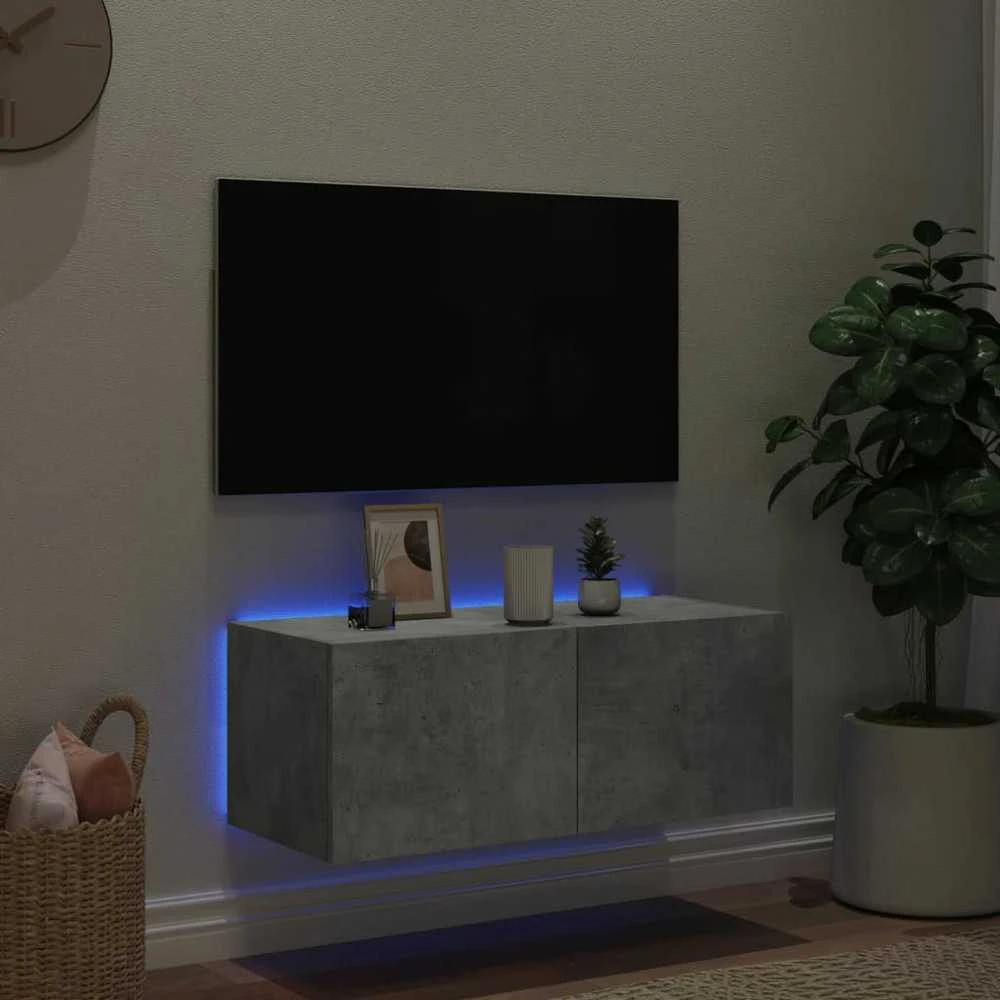 TV staliukas Sieninė TV spintelė su LED lemputėmis, betono pilka, 80x35x31cm