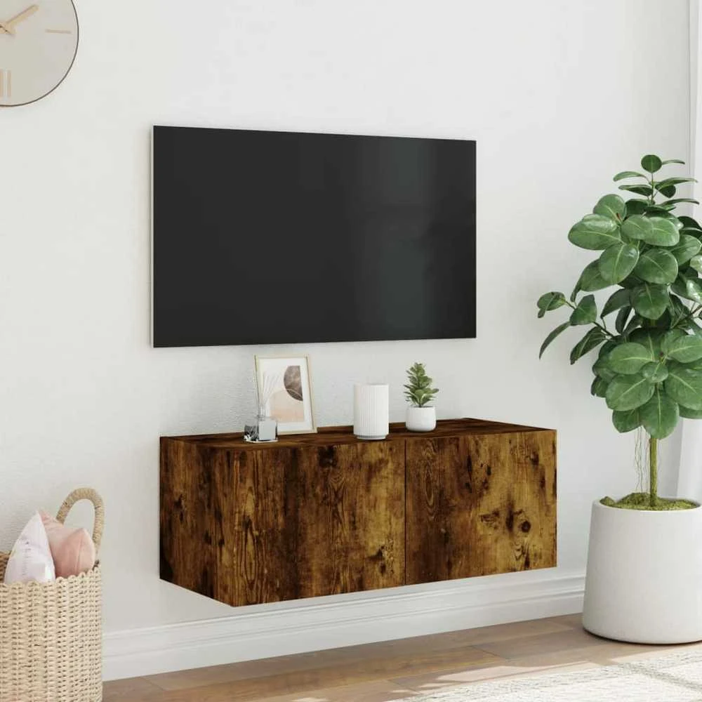 TV staliukas Sieninė TV spintelė su LED lemputėmis, dūminė, 80x35x31cm