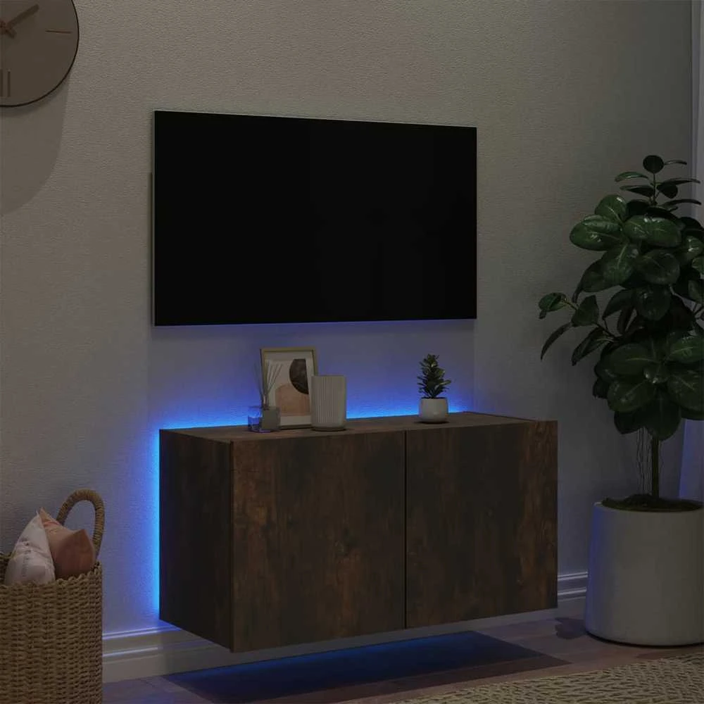 TV staliukas Sieninė TV spintelė su LED lemputėmis, dūminė, 80x35x41cm
