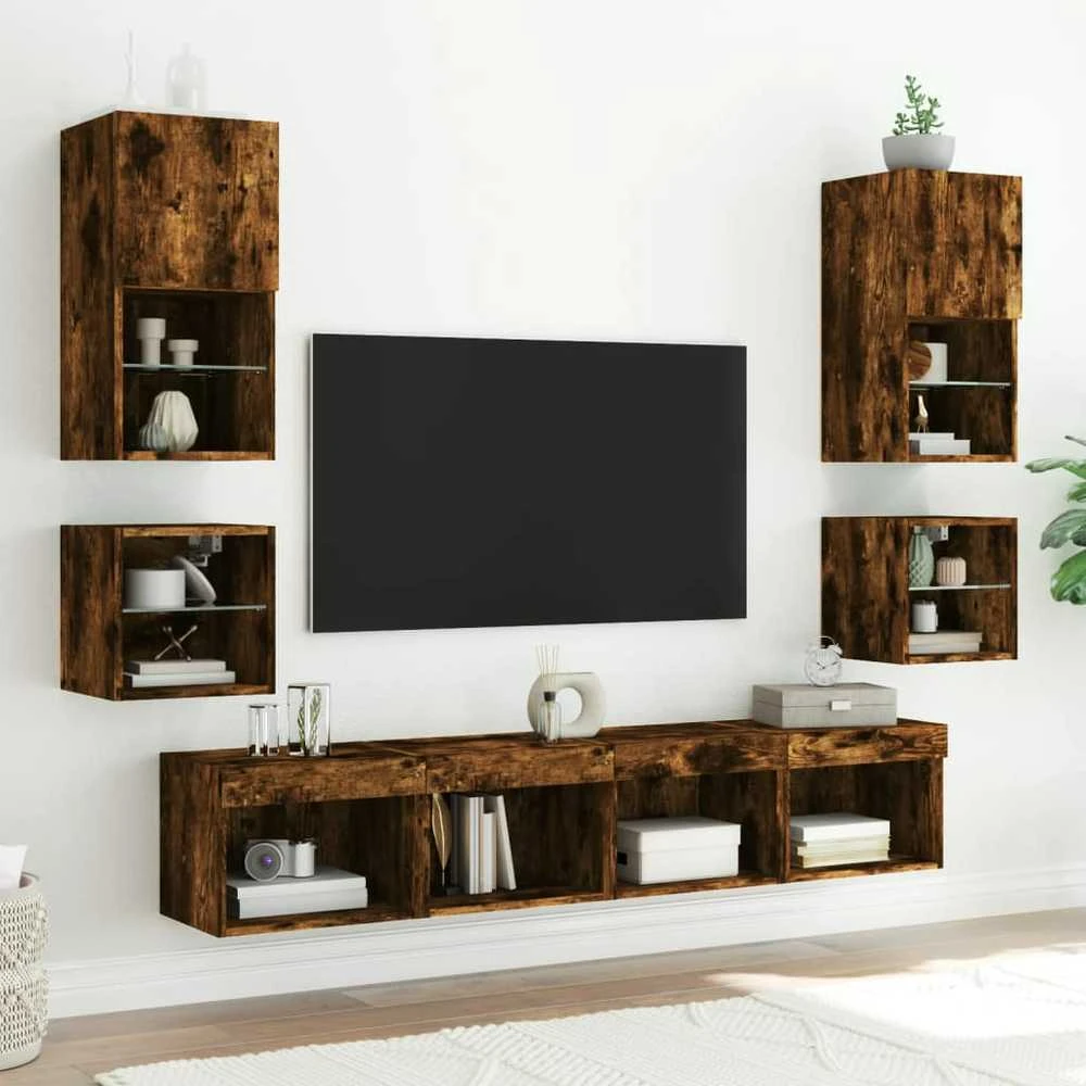 TV staliukas Sieninė TV spintelė su LED lemputėmis, dūminė, 30x28,5x30cm