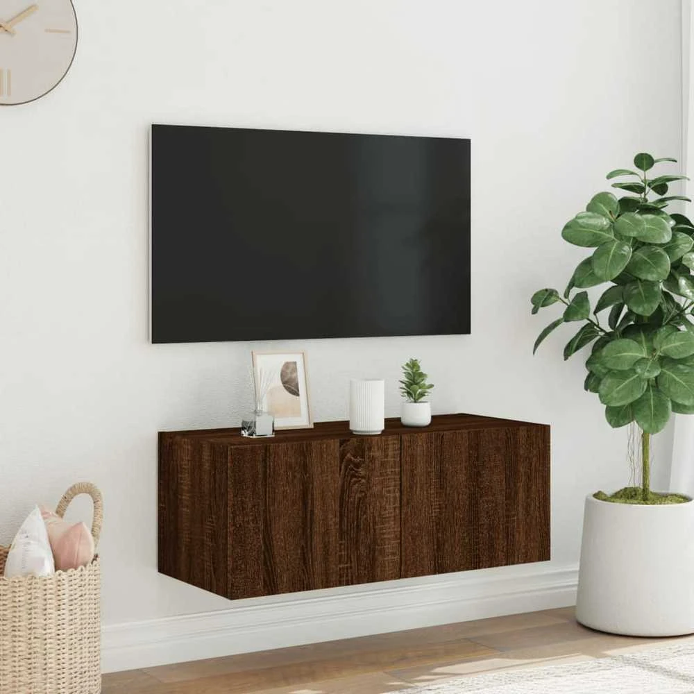 TV staliukas Sieninė TV spintelė su LED lemputėmis, ruda ąžuolo, 80x35x31cm