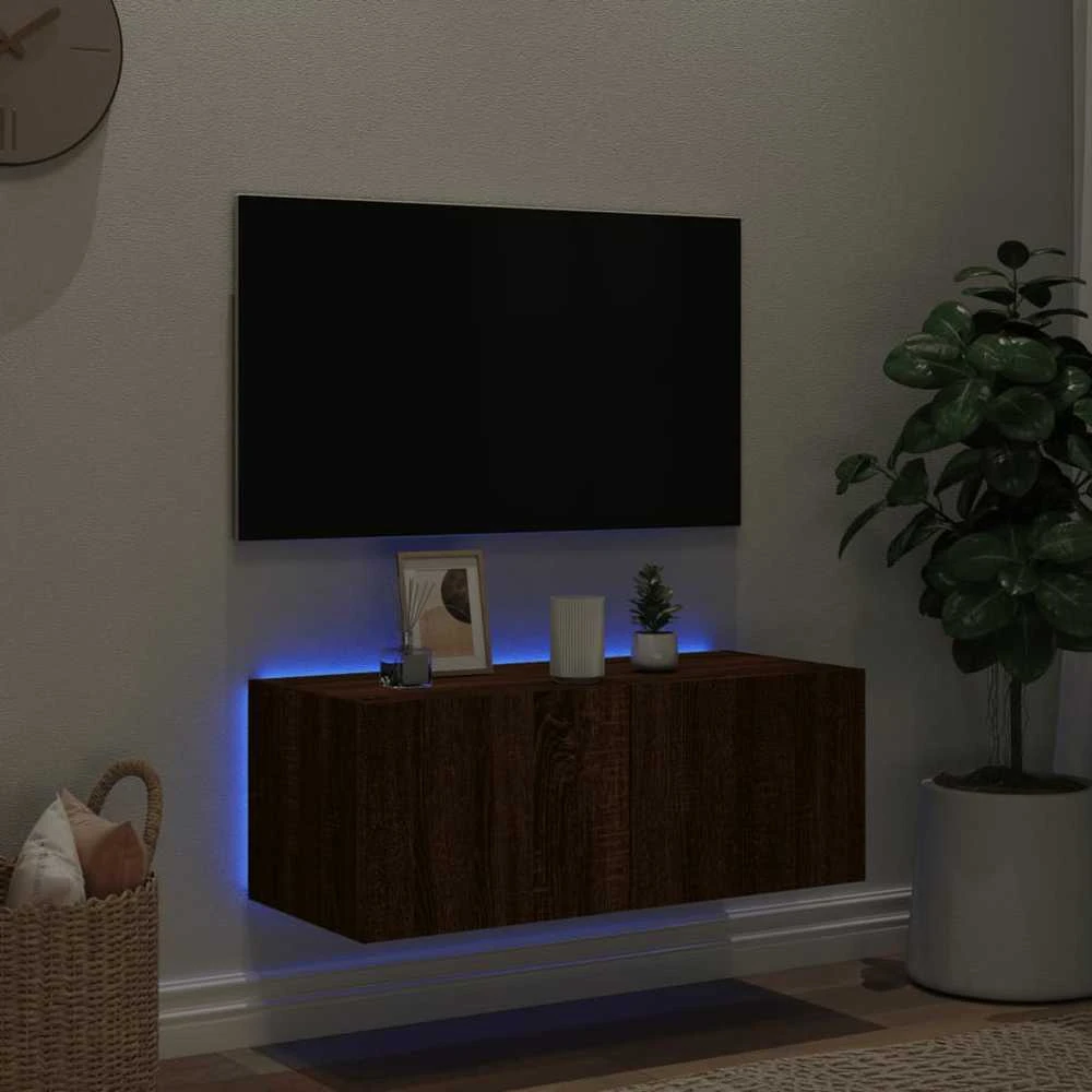TV staliukas Sieninė TV spintelė su LED lemputėmis, ruda ąžuolo, 80x35x31cm