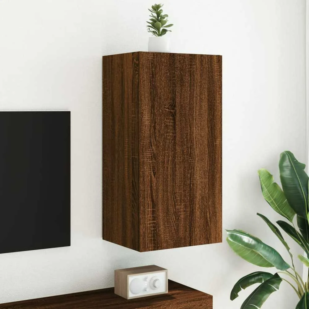 TV staliukas Sieninė TV spintelė su LED lemputėmis, ruda, 40,5x35x80cm