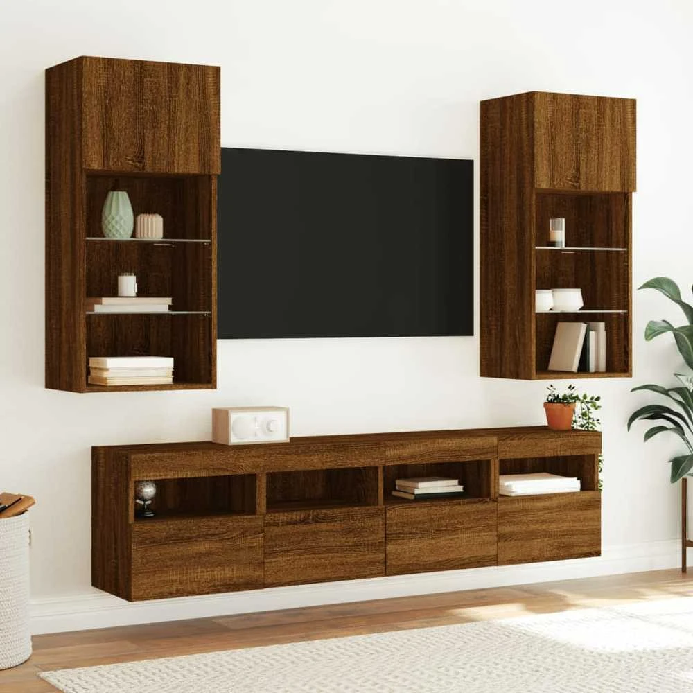 TV staliukas Sieninė TV spintelė su LED lemputėmis, ruda ąžuolo, 40x30x40cm