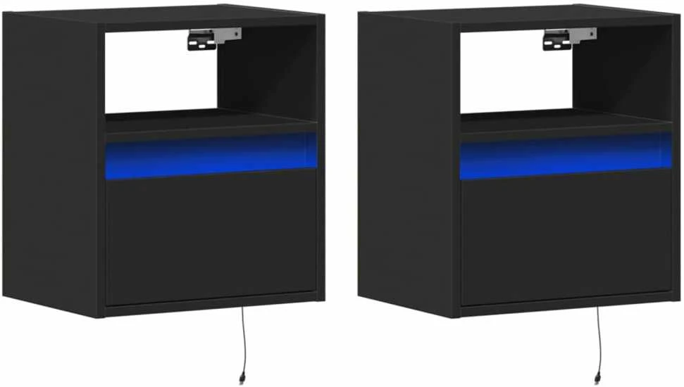Sieninės naktinės spintelės su LED, 2vnt., juodos