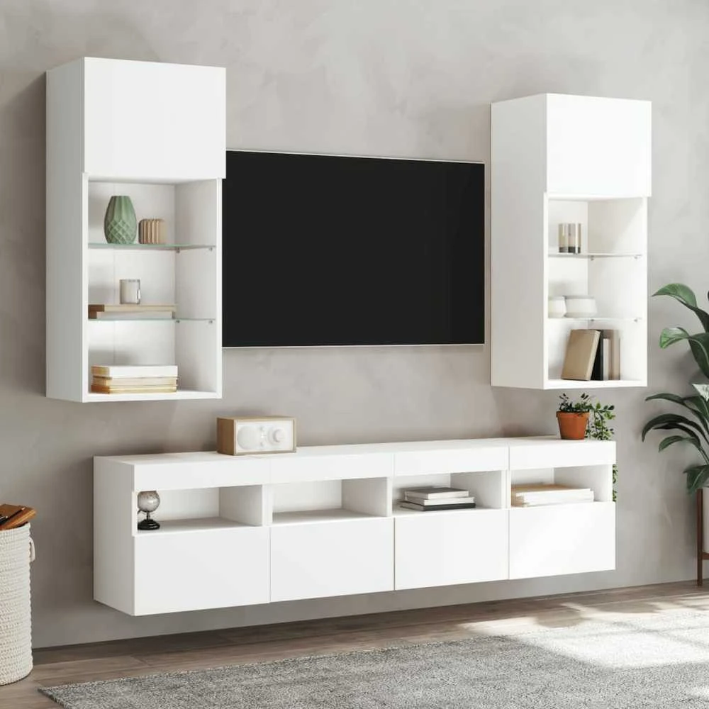 TV staliukas Sieninės TV spintelės su LED, 2vnt., baltos, 40x30x40cm