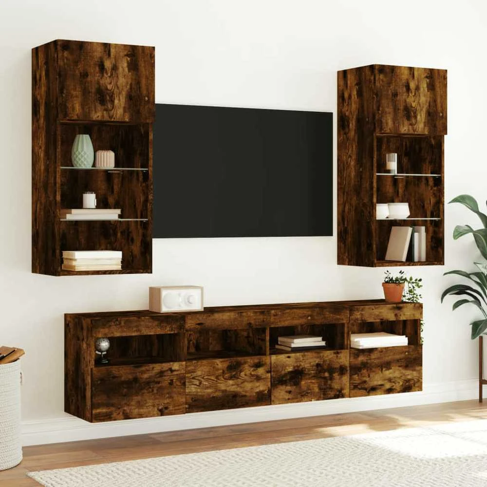 TV staliukas Sieninės TV spintelės su LED, 2vnt., dūminės ąžuolo, 40x30x40cm