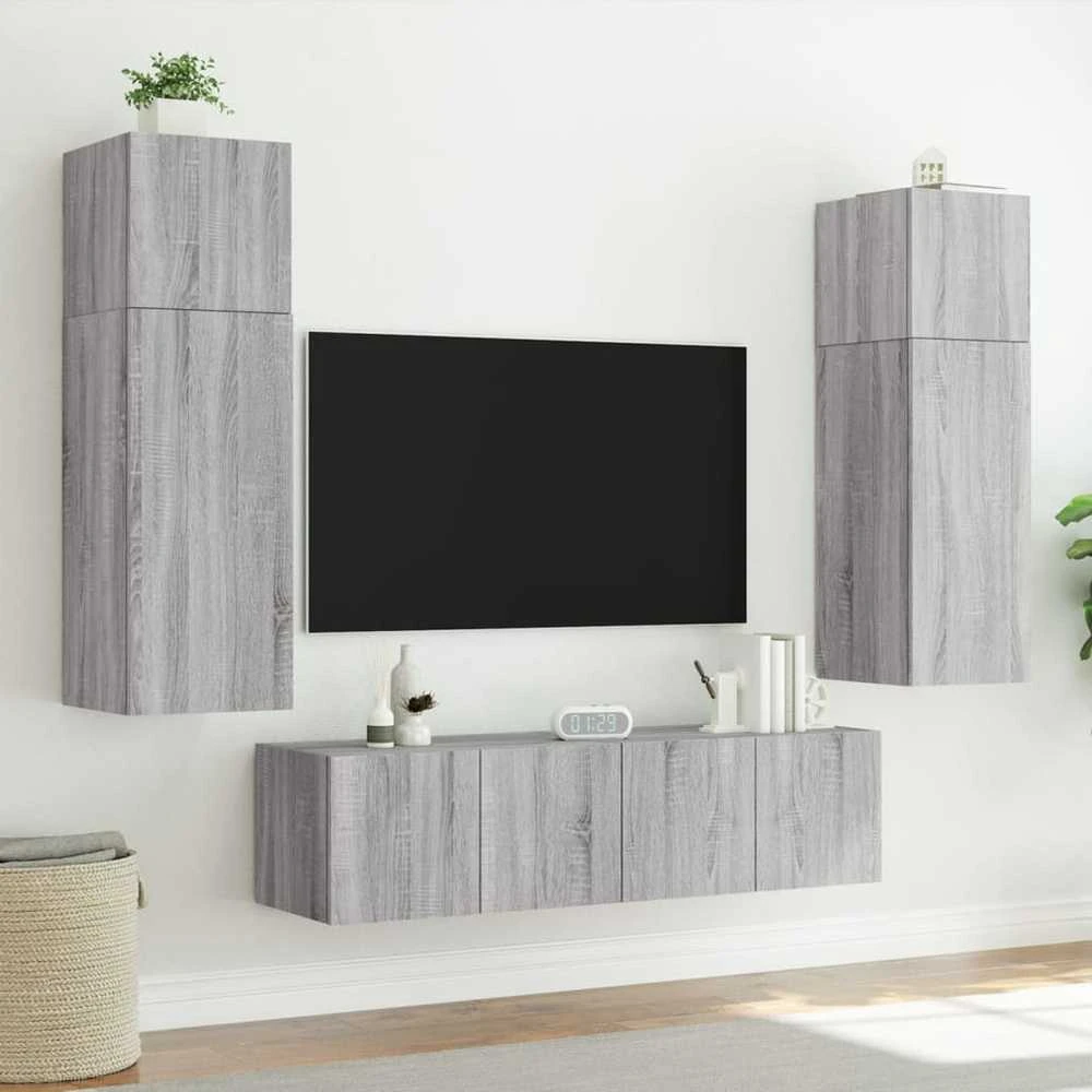 TV staliukas Sieninės TV spintelės su LED, 2vnt., pilkos ąžuolo, 60x35x41cm
