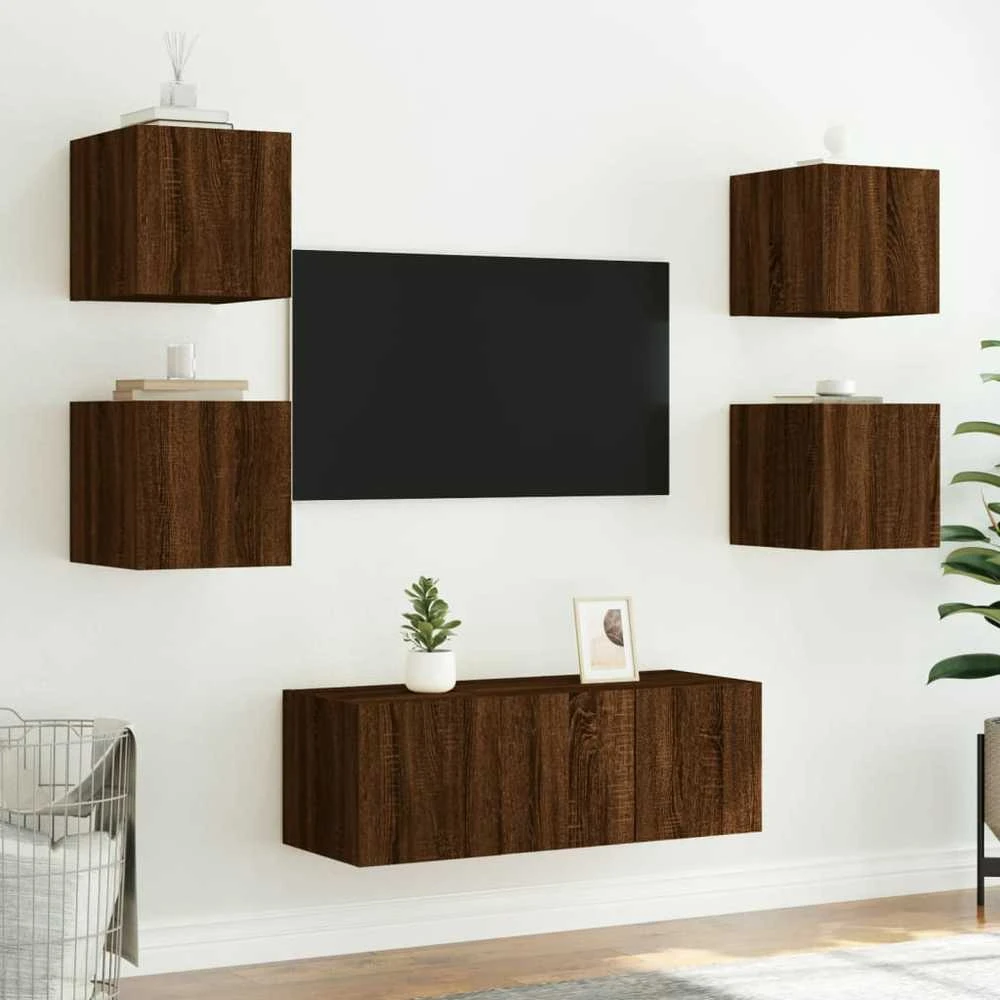 TV staliukas Sieninės TV spintelės su LED, 2vnt., rudos, 30,5x35x30cm