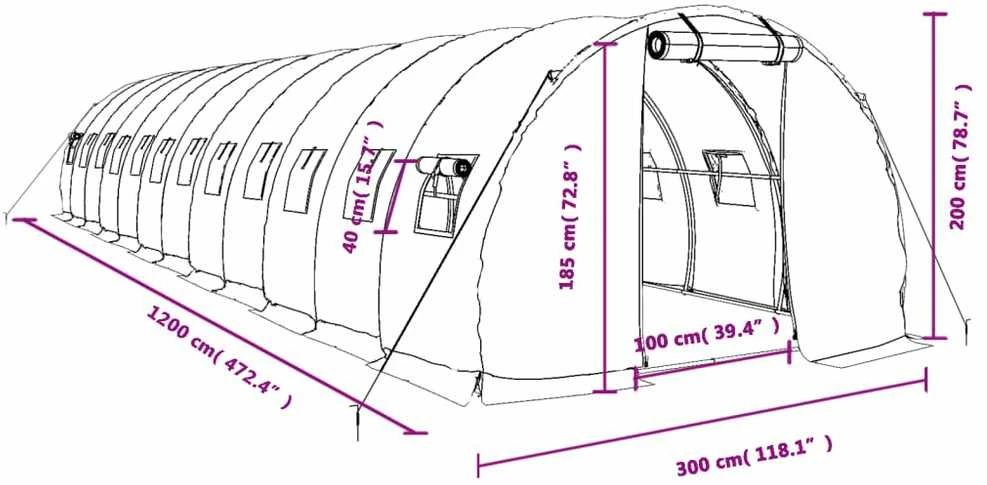 Šiltnamis su plieno rėmu, baltos spalvos, 12x3x2m, 36m²