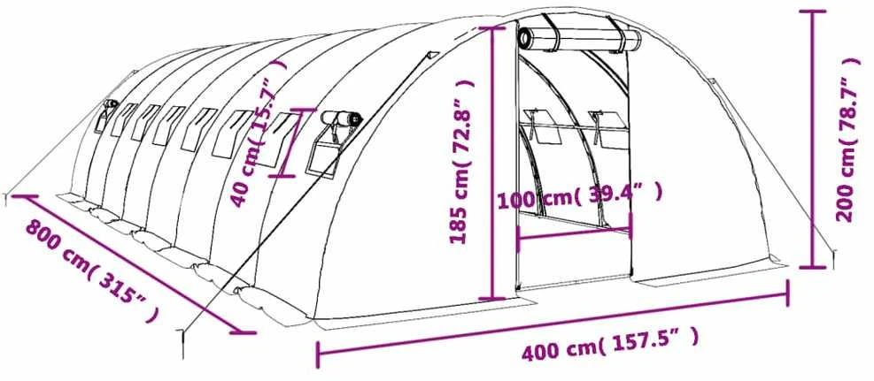Šiltnamis su plieno rėmu, baltos spalvos, 8x4x2m, 32m²