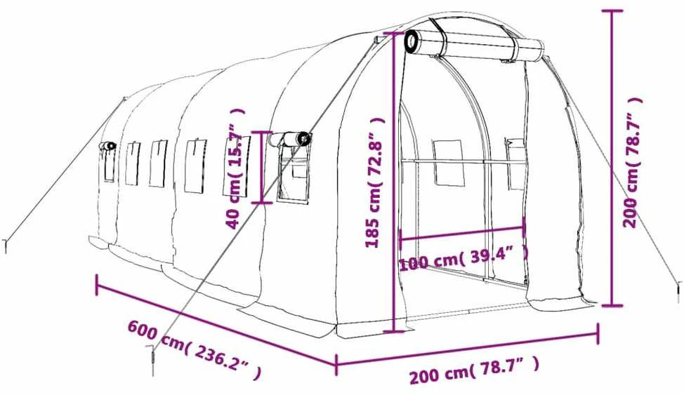 Šiltnamis su plieno rėmu, baltos spalvos, 6x2x2m, 12m²