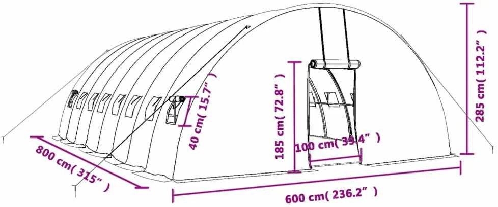 Šiltnamis su plieno rėmu, žalios spalvos, 8x6x2,85m, 48m²
