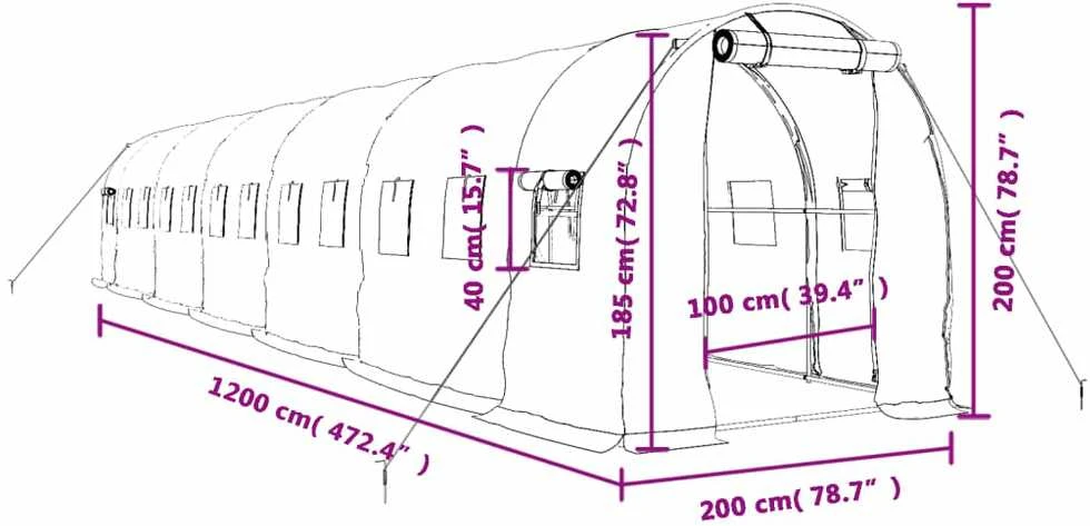 Šiltnamis su plieno rėmu, žalios spalvos, 12x2x2m, 24m²