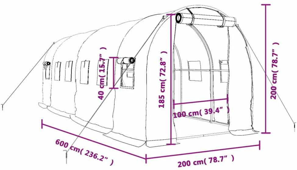 Šiltnamis su plieno rėmu, žalios spalvos, 6x2x2m, 12m²